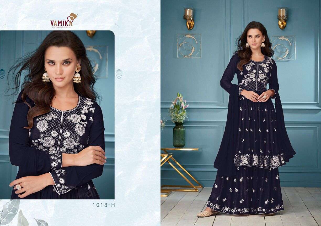 Vamika-Lakhnavi Vol 3 Dark Color-14 Kg-Rayon-White-Thread-Kurti-Rayon-Palazzo-Nazmin-Dupatta-1018-H